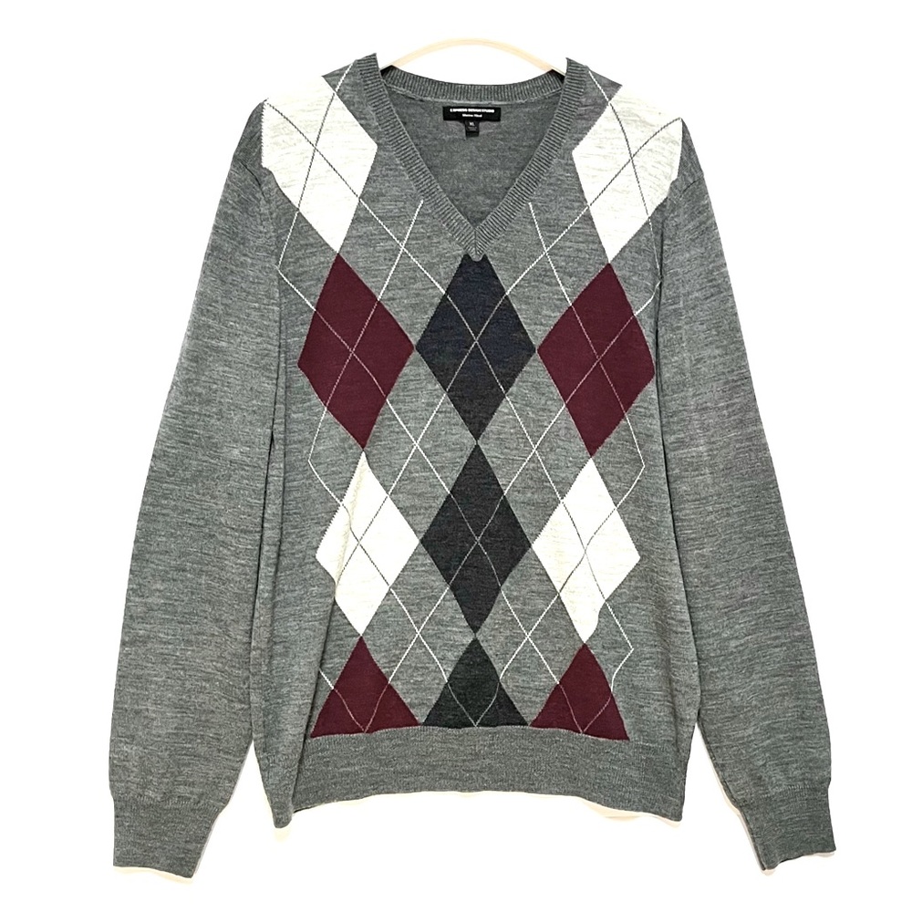 Express Merino Wool Sweater Mens Argyle V-Neck Heather Gray SZ XL Preppy Grandpa